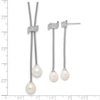 Sterling Silver Rhodium-plated 8-10mm White Teardrop Freshwater Cultured Pearl and CZ 18 inch with 2 inch Extension Necklace and Post Dangle Earrings Set