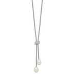 Sterling Silver Rhodium-plated 8-10mm White Teardrop Freshwater Cultured Pearl and CZ 18 inch with 2 inch Extension Necklace and Post Dangle Earrings Set