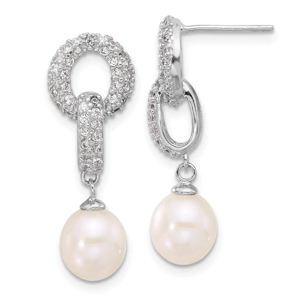 Sterling Silver Rhodium-plated 7-9mm White Teardrop Freshwater Cultured Pearl and CZ 17 inch Necklace and Post Dangle Earrings Set