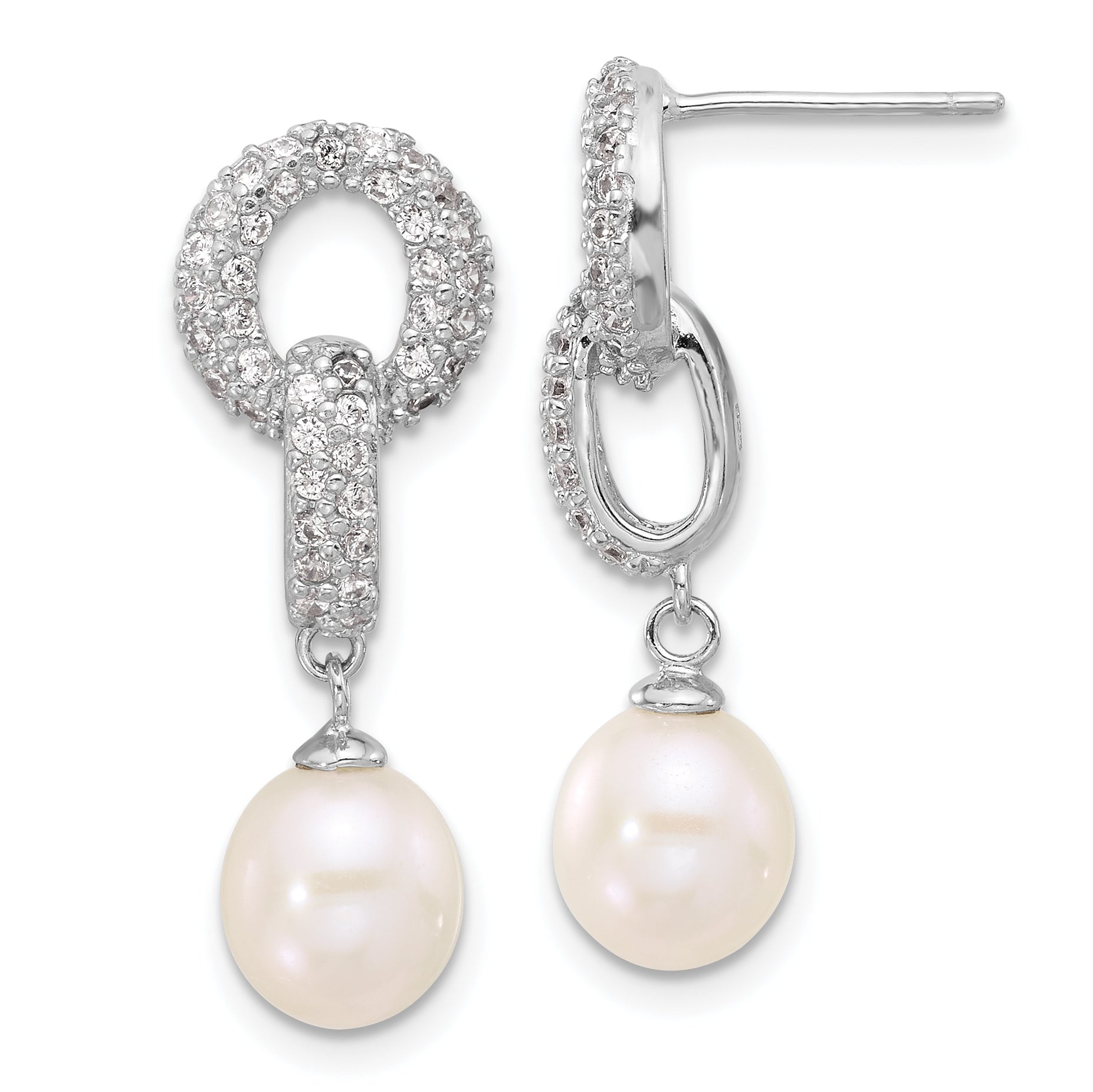 Sterling Silver Rhodium-plated 7-9mm White Teardrop Freshwater Cultured Pearl and CZ 17 inch Necklace and Post Dangle Earrings Set