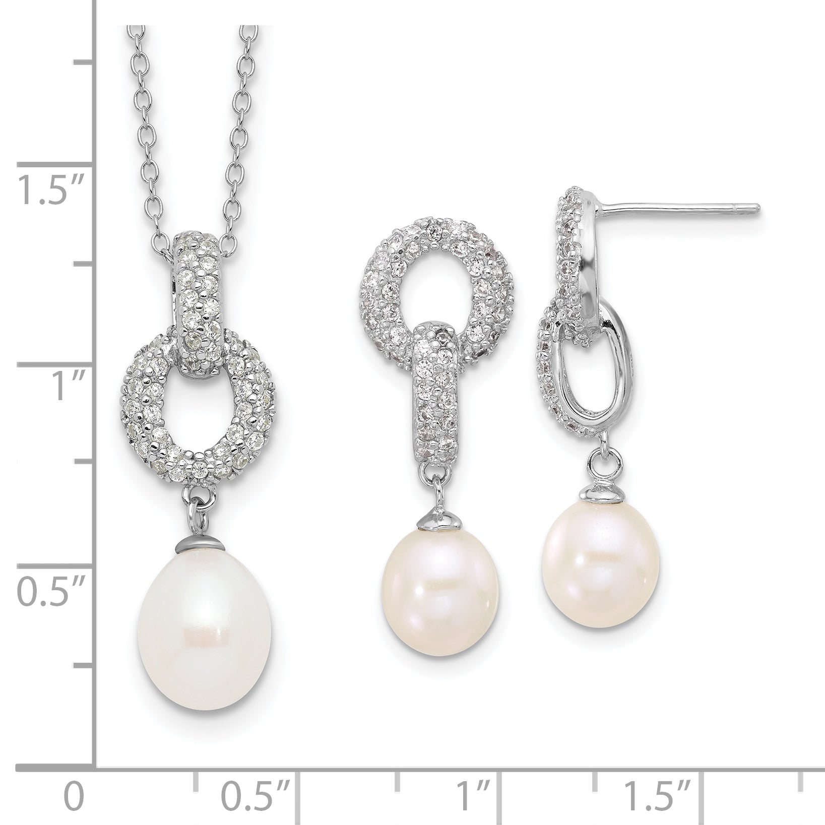 Sterling Silver Rhodium-plated 7-9mm White Teardrop Freshwater Cultured Pearl and CZ 17 inch Necklace and Post Dangle Earrings Set