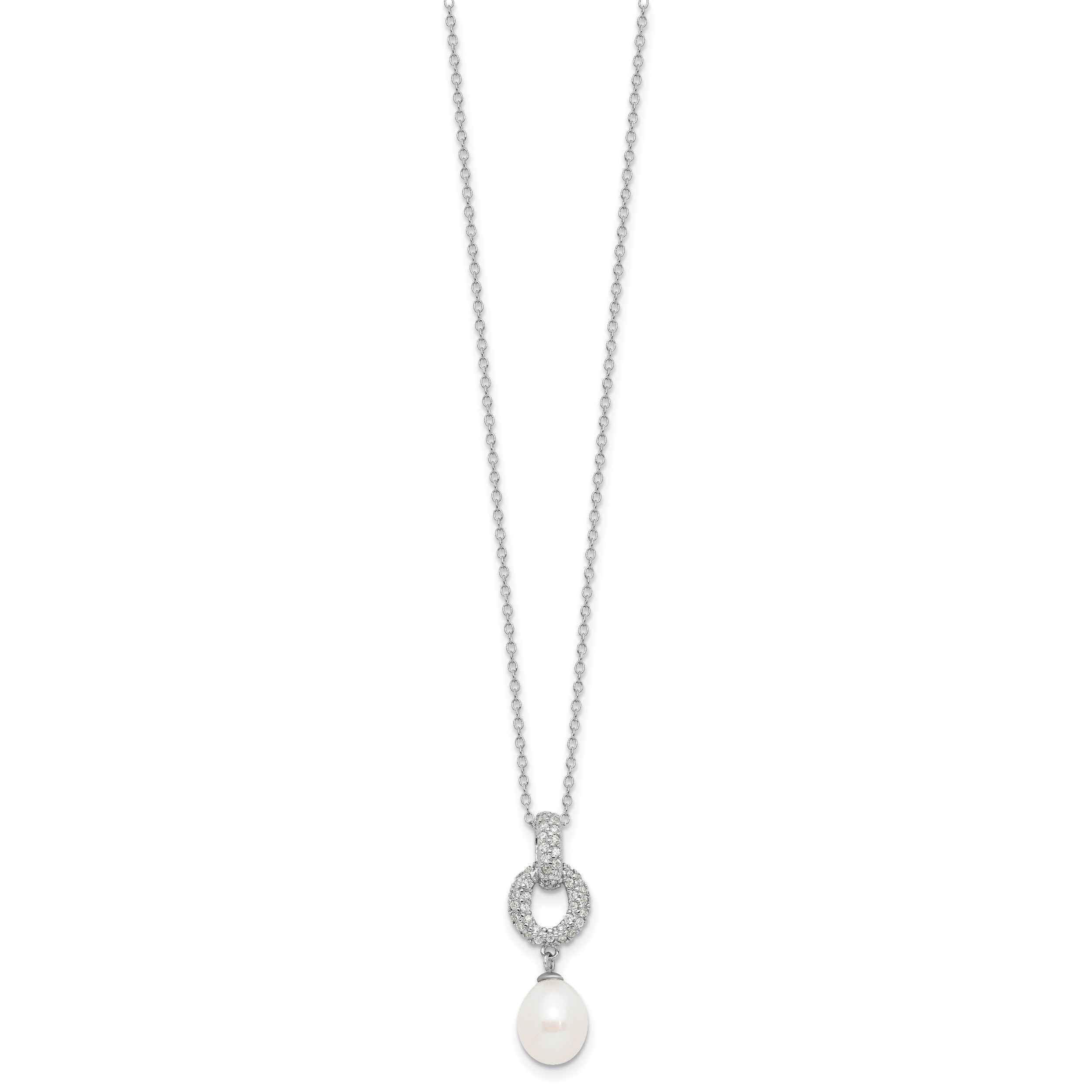 Sterling Silver Rhodium-plated 7-9mm White Teardrop Freshwater Cultured Pearl and CZ 17 inch Necklace and Post Dangle Earrings Set