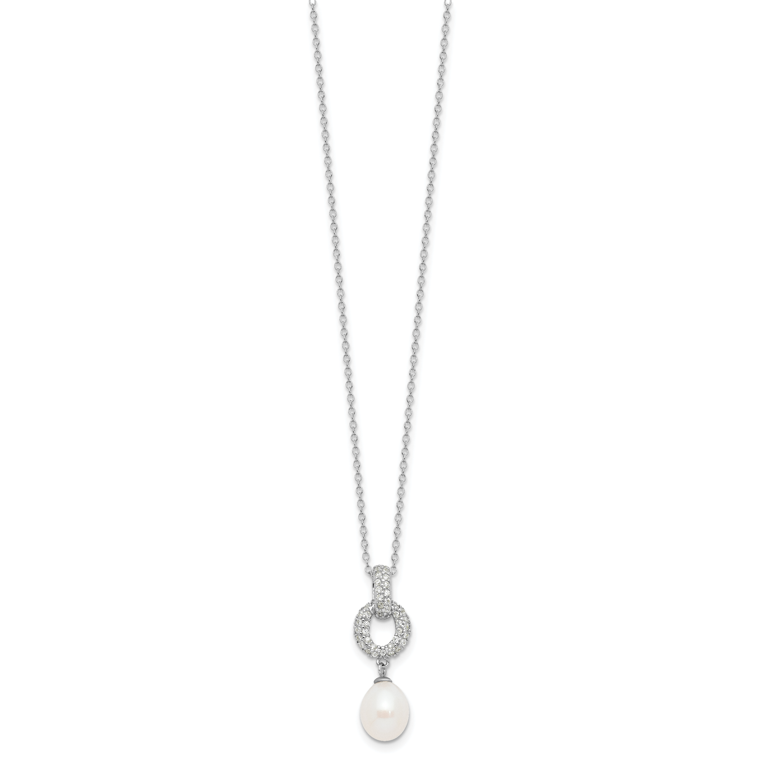 Sterling Silver Rhodium-plated 7-9mm White Teardrop Freshwater Cultured Pearl and CZ 17 inch Necklace and Post Dangle Earrings Set