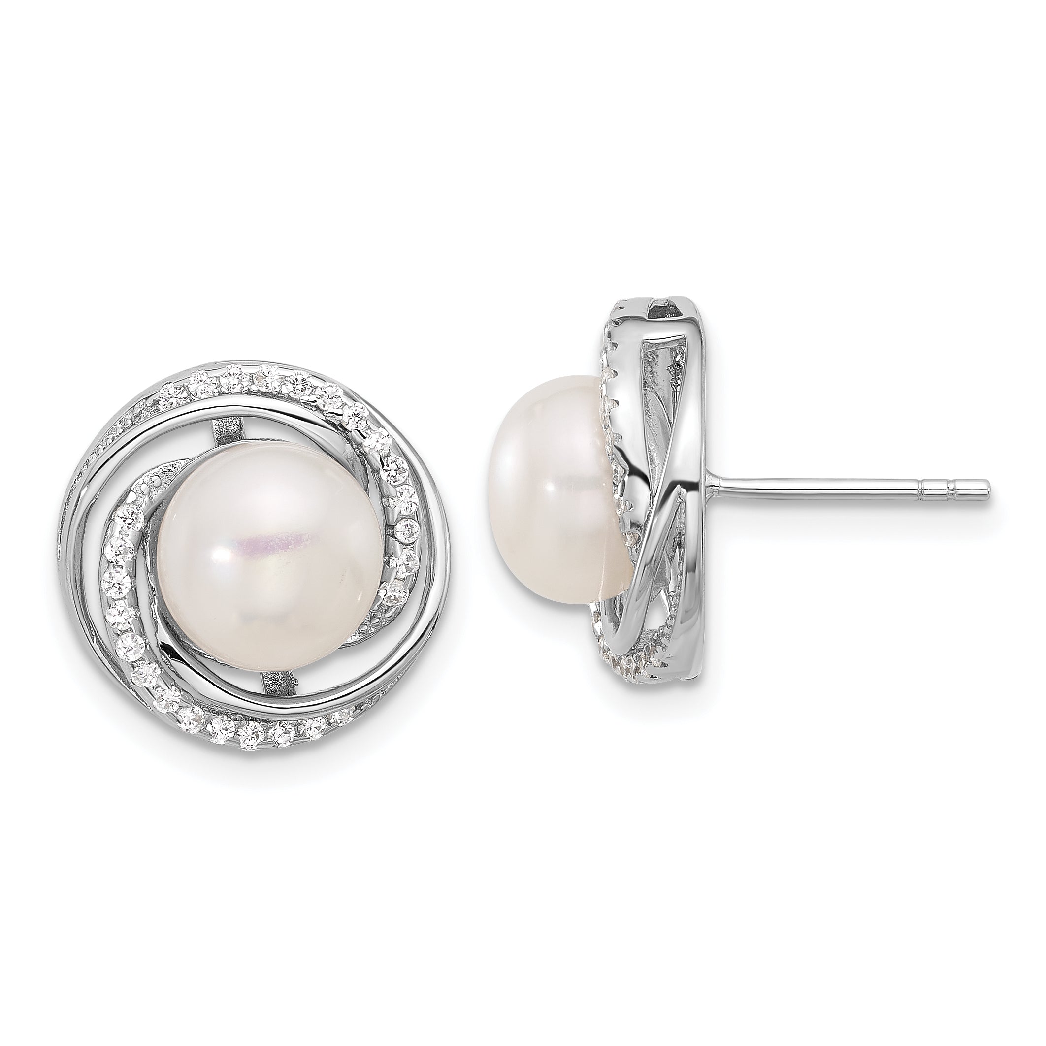 Sterling Silver Rhodium-plated 8-10mm White Button Freshwater Cultured Pearl and CZ 17 inch Necklace and Post Earrings Set Secondary image