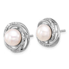 Sterling Silver Rhodium-plated 8-10mm White Button Freshwater Cultured Pearl and CZ 17 inch Necklace and Post Earrings Set