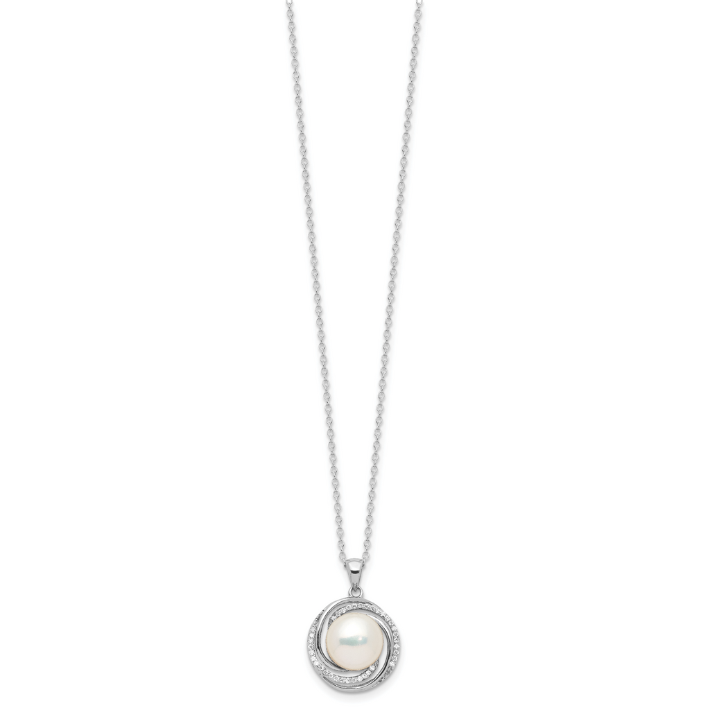 Sterling Silver Rhodium-plated 8-10mm White Button Freshwater Cultured Pearl and CZ 17 inch Necklace and Post Earrings Set
