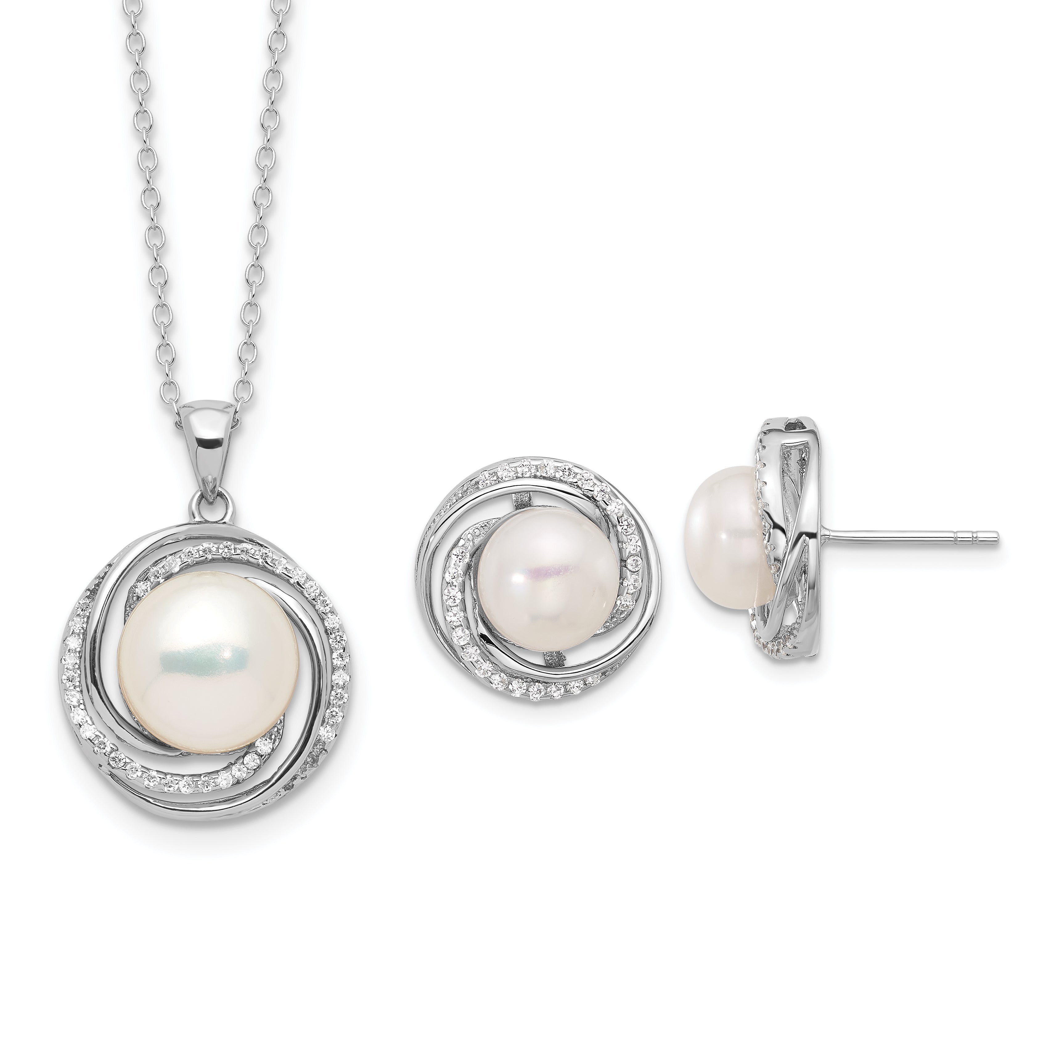 Sterling Silver Rhodium-plated 8-10mm White Button Freshwater Cultured Pearl and CZ 17 inch Necklace and Post Earrings Set Main image