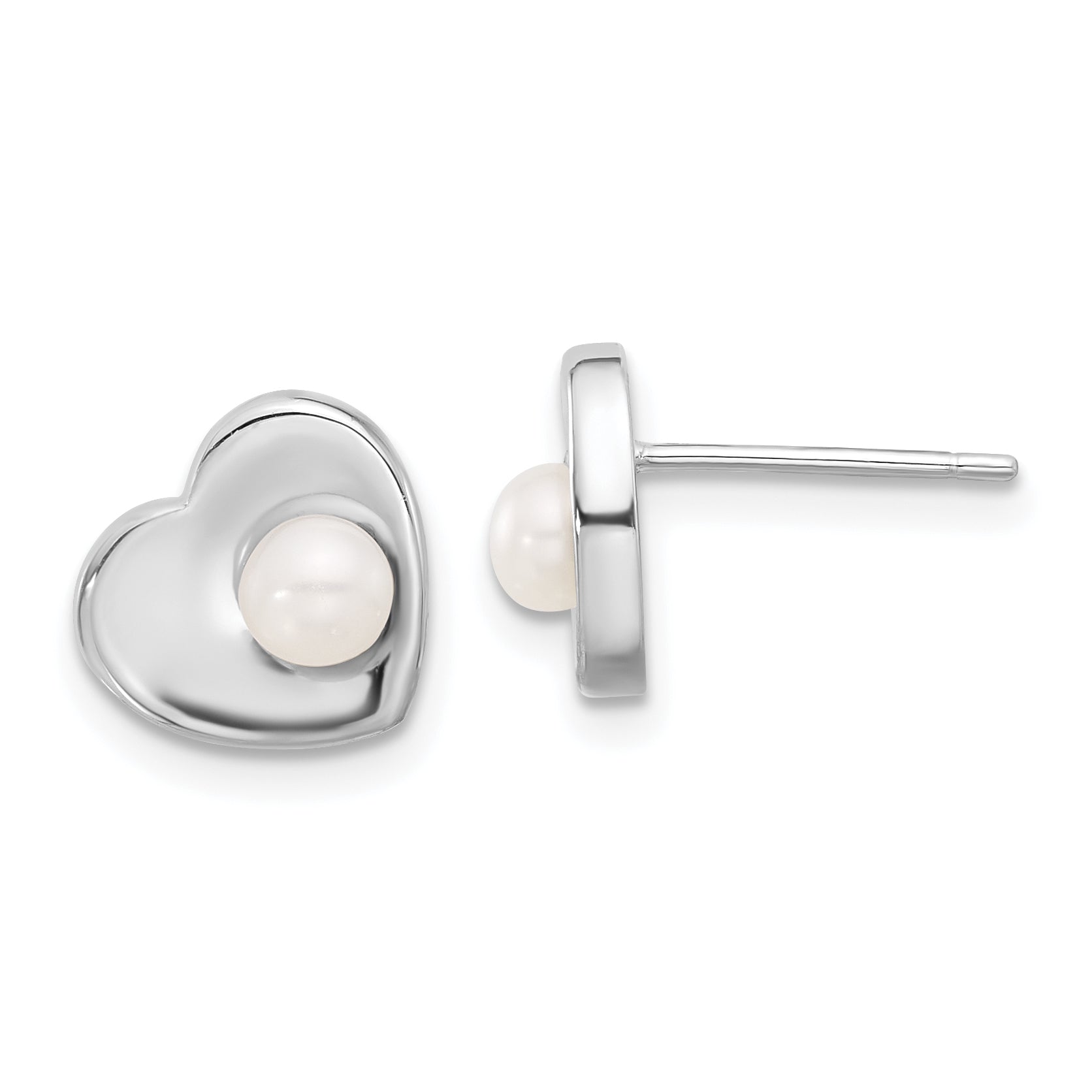 Sterling Silver Rhodium-plated 4-7mm White Button Freshwater Cultured Pearl 17.5 inch Heart Necklace and Post Earrings Set