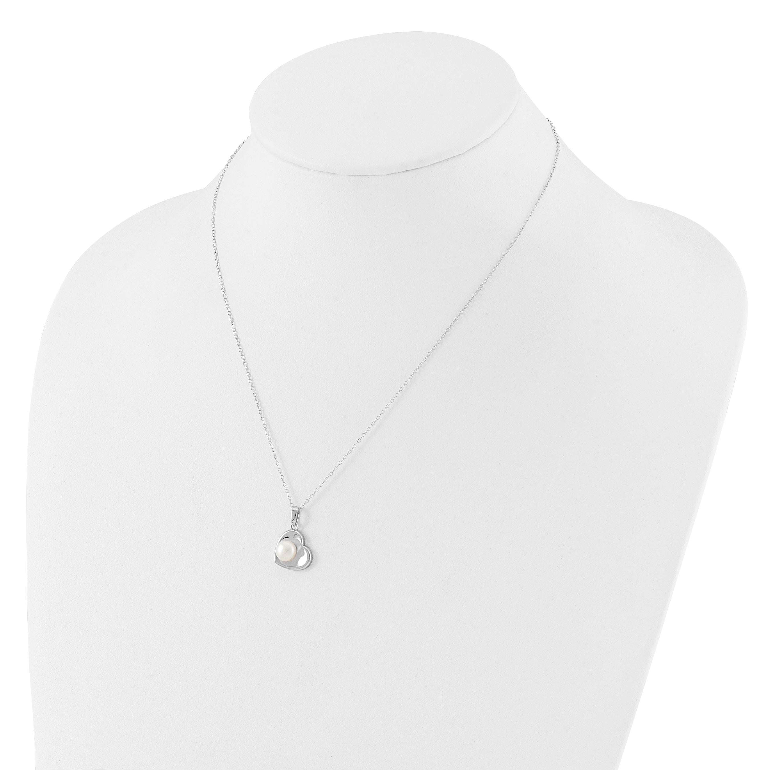 Sterling Silver Rhodium-plated 4-7mm White Button Freshwater Cultured Pearl 17.5 inch Heart Necklace and Post Earrings Set