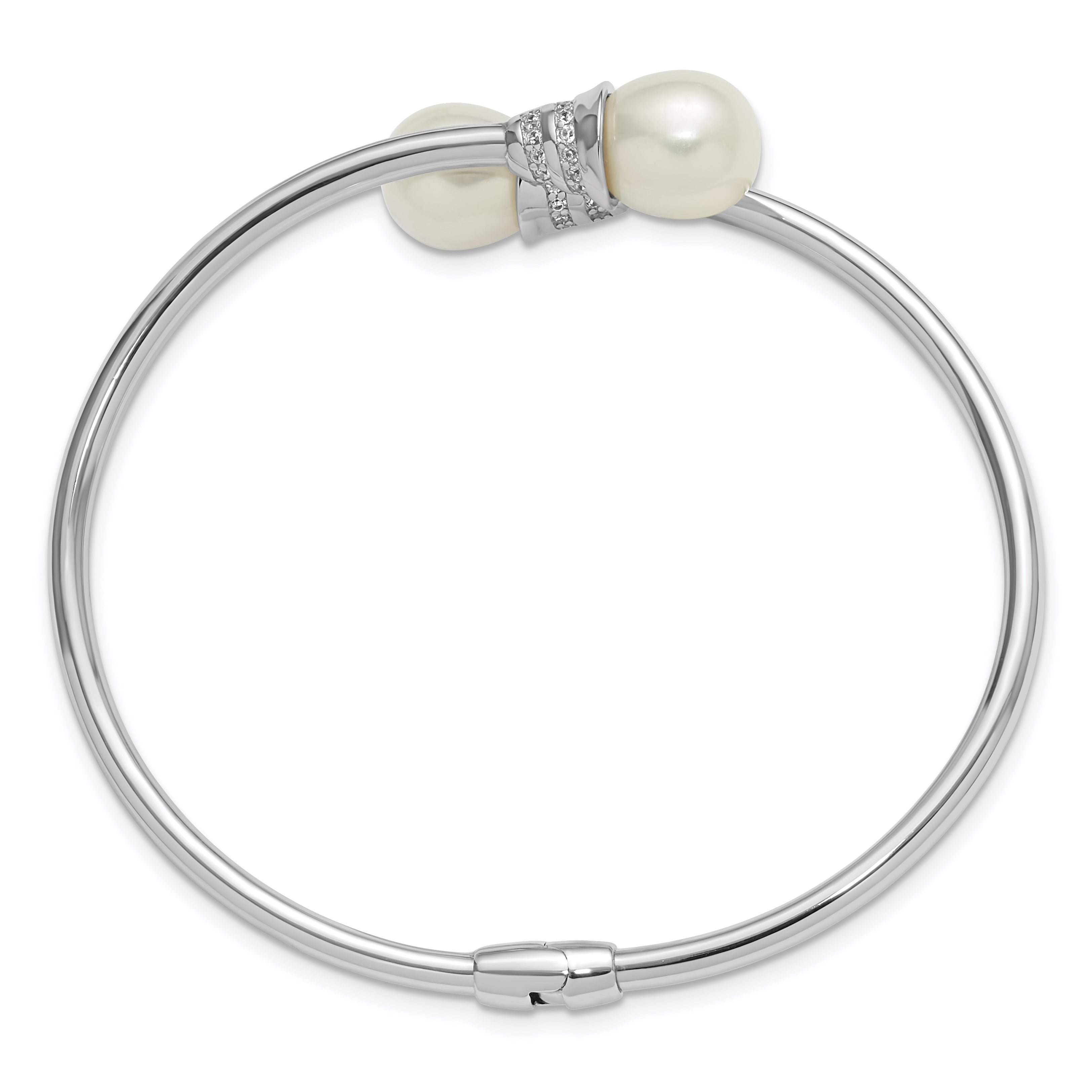 Sterling Silver Rhodium-plated 8-10mm Teardrop White Freshwater Cultured Pearl and CZ Hinged Bangle Secondary image