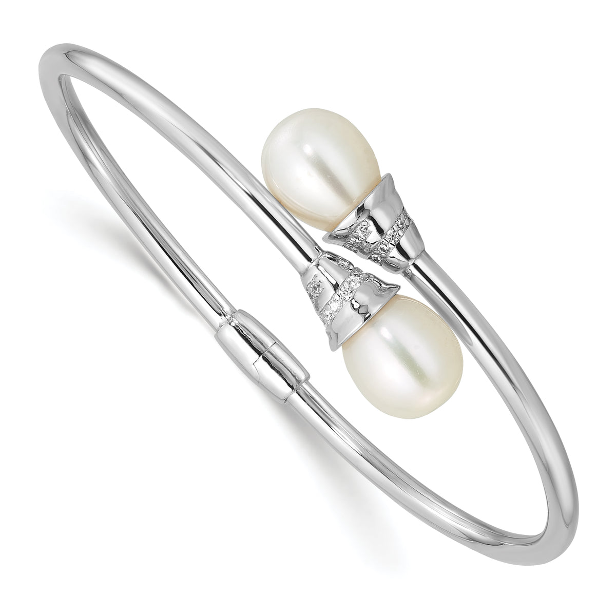 Sterling Silver Rhodium-plated 8-10mm Teardrop White Freshwater Cultured Pearl and CZ Hinged Bangle