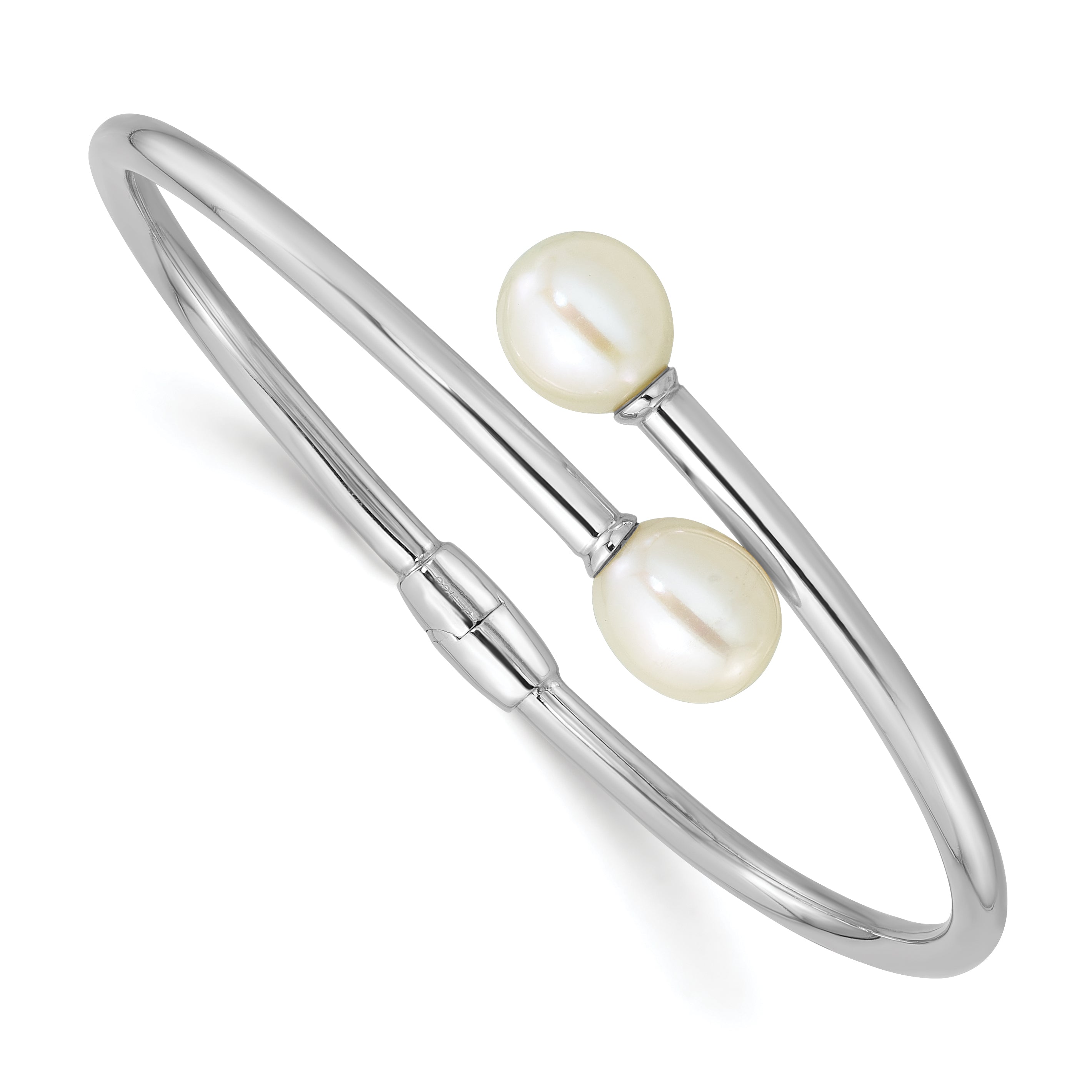 Sterling Silver Rhodium-plated 7-9mm Teardrop White Freshwater Cultured Pearl Hinged Bangle Main image