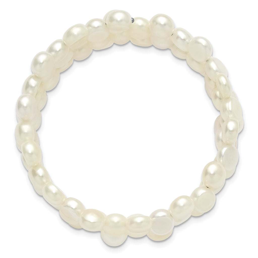 Sterling Silver Rhodium-plated 6-7mm Button White Freshwater Cultured Pearl Flexible Wrap Bracelet
