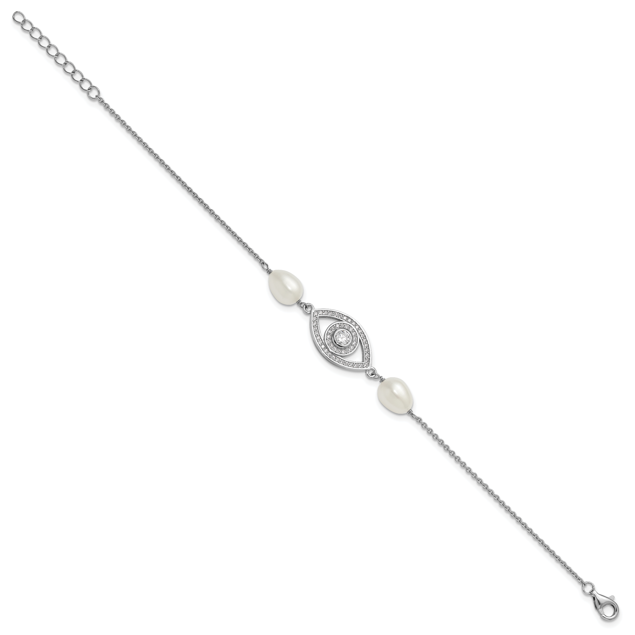 Sterling Silver Rhodium-plated 6-8mm Teardrop White Freshwater Cultured Pearl and CZ Evil Eye 7 inch with 1 inch Extender Bracelet Secondary image