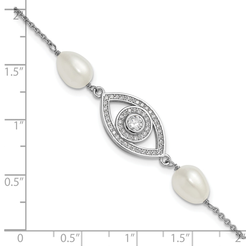 Sterling Silver Rhodium-plated 6-8mm Teardrop White Freshwater Cultured Pearl and CZ Evil Eye 7 inch with 1 inch Extender Bracelet