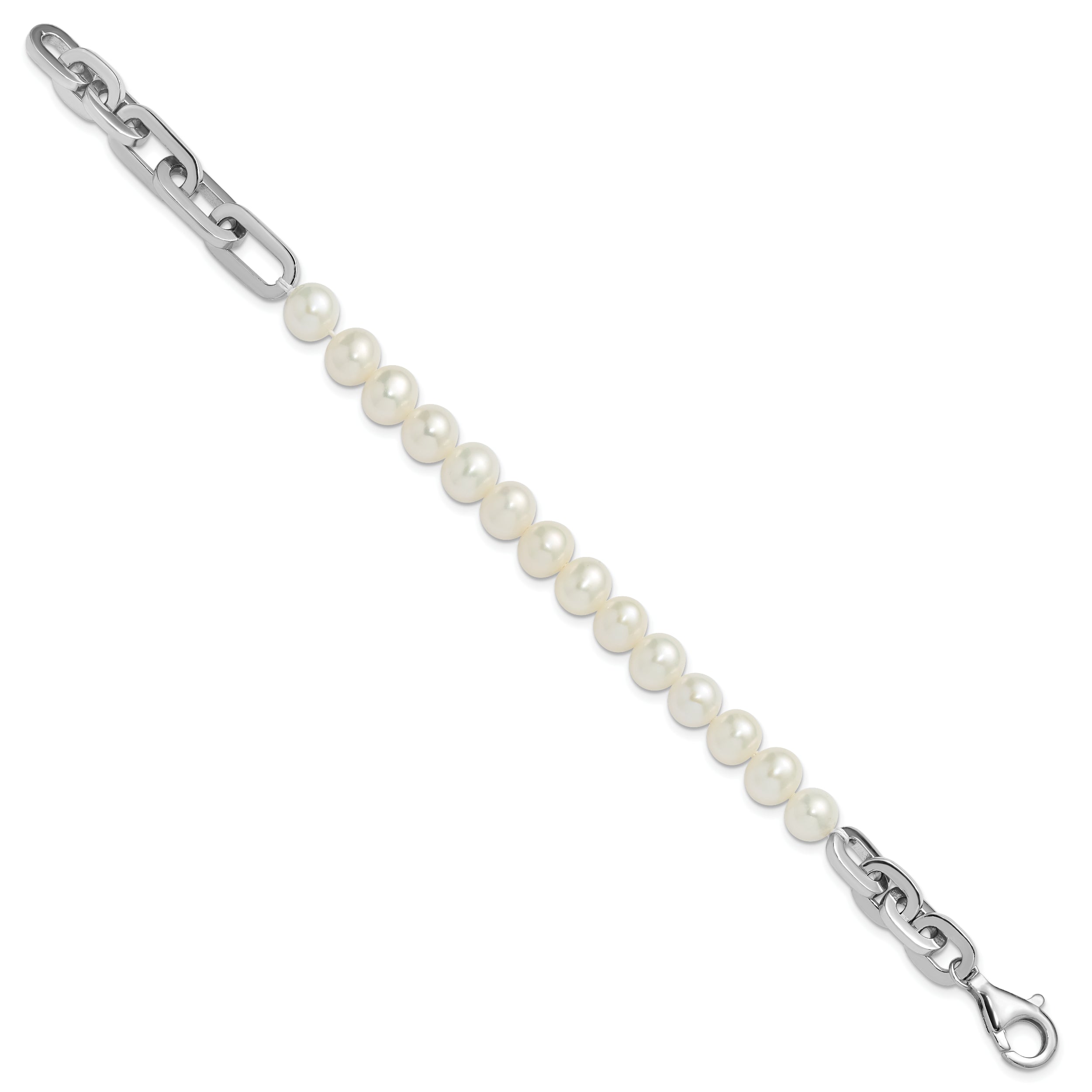 Sterling Silver Rhodium-plated 7-8mm Round White Freshwater Cultured Pearl and Link 8 inch Bracelet