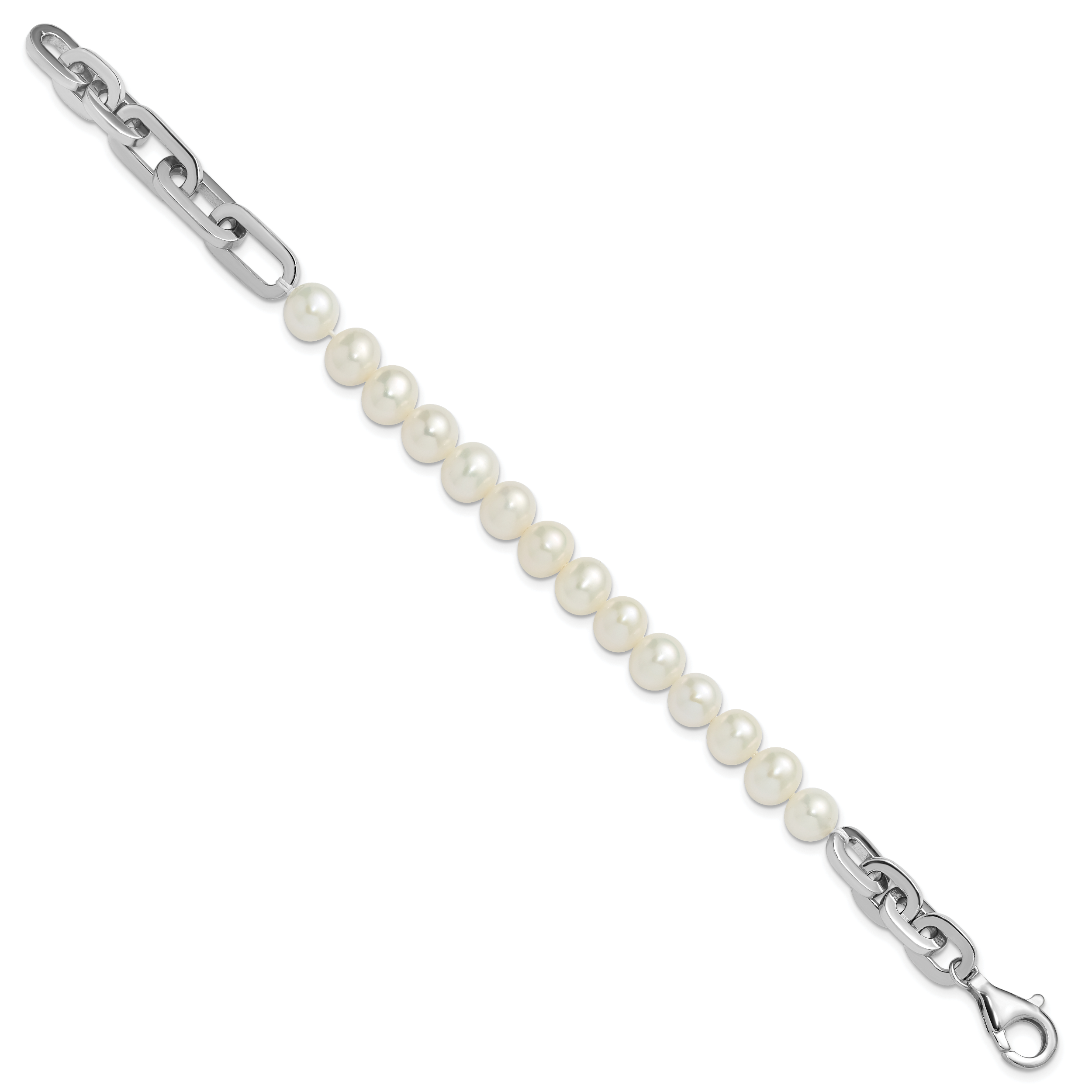Sterling Silver Rhodium-plated 7-8mm Round White Freshwater Cultured Pearl and Link 8 inch Bracelet Secondary image