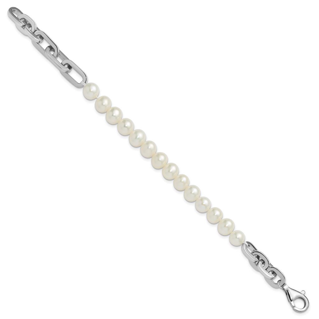 Sterling Silver Rhodium-plated 7-8mm Round White Freshwater Cultured Pearl and Link 8 inch Bracelet