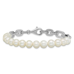 Sterling Silver Rhodium-plated 7-8mm Round White Freshwater Cultured Pearl and Link 8 inch Bracelet