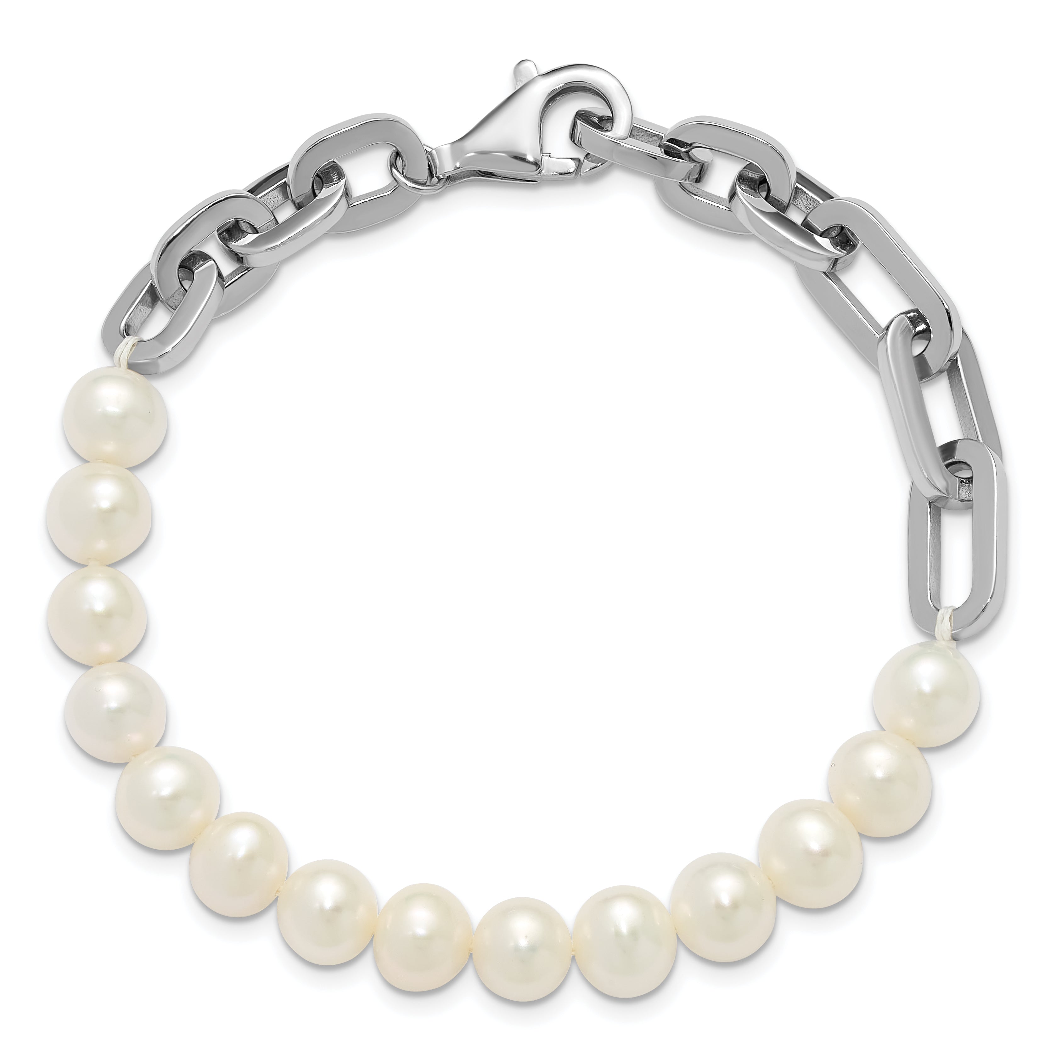 Sterling Silver Rhodium-plated 7-8mm Round White Freshwater Cultured Pearl and Link 8 inch Bracelet