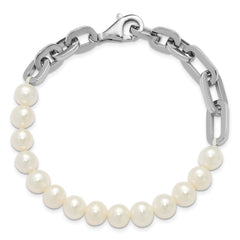 Sterling Silver Rhodium-plated 7-8mm Round White Freshwater Cultured Pearl and Link 8 inch Bracelet