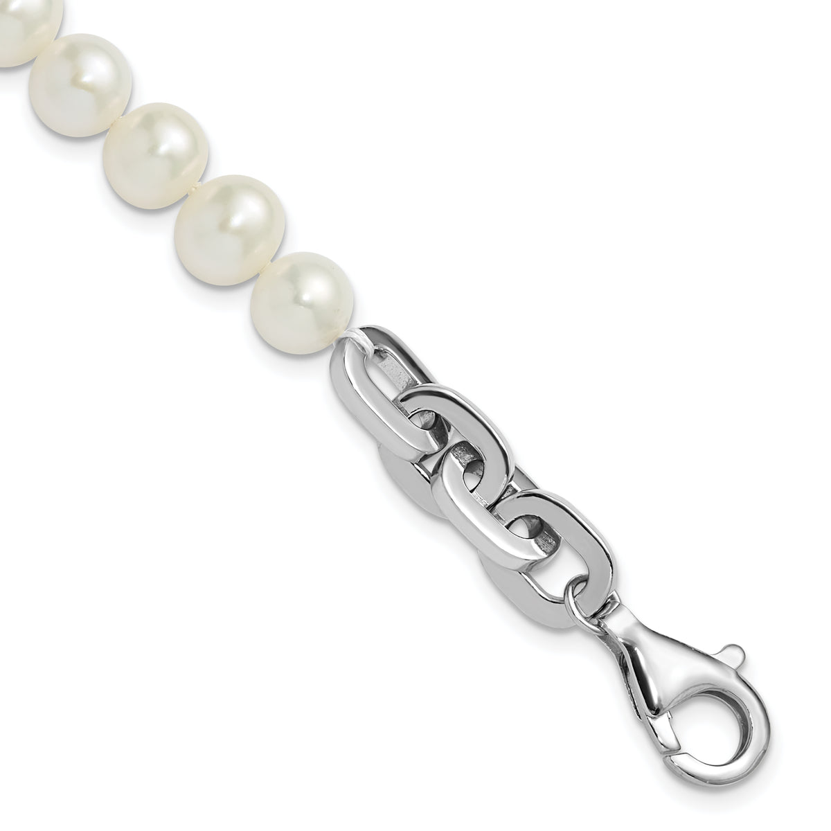 Sterling Silver Rhodium-plated 7-8mm Round White Freshwater Cultured Pearl and Link 8 inch Bracelet