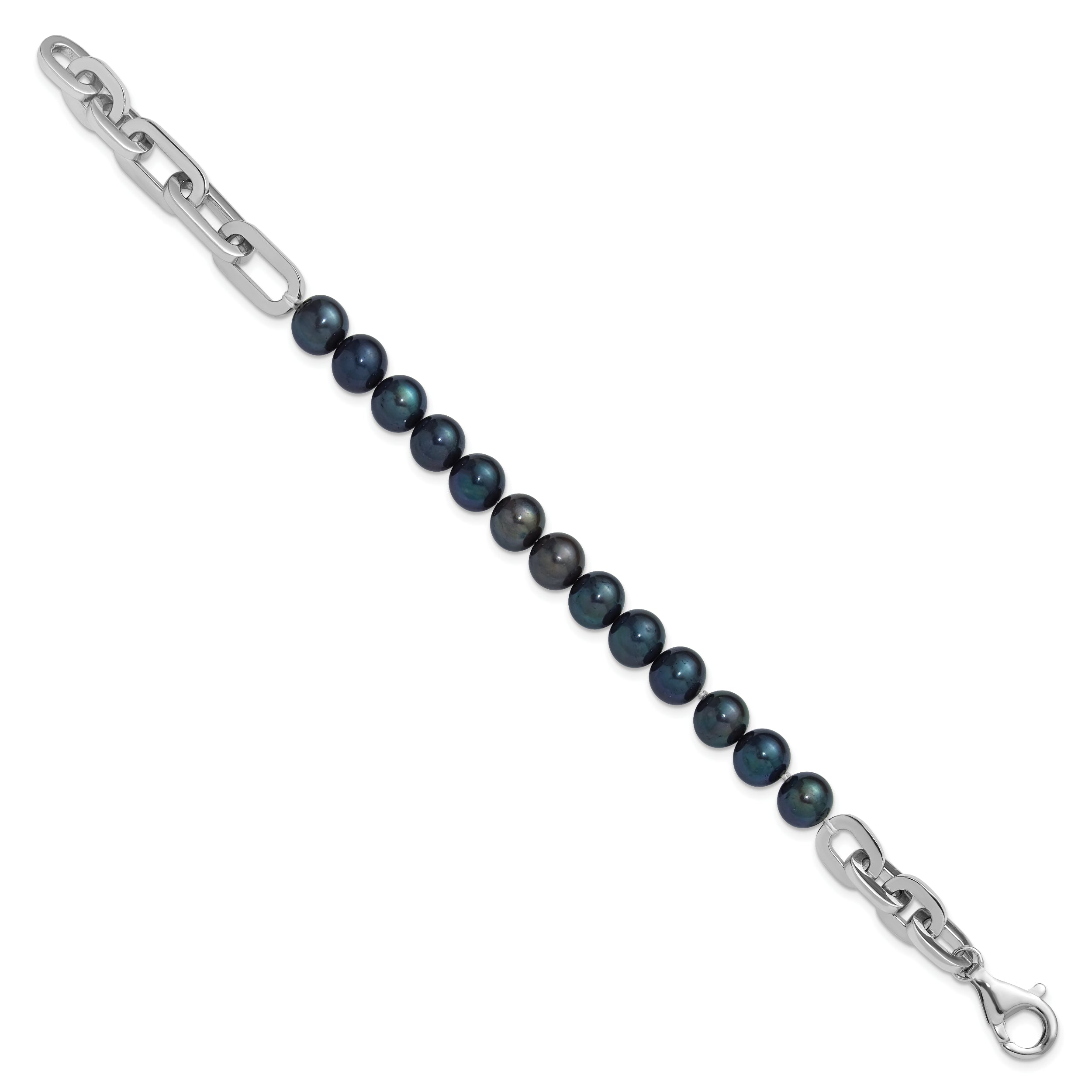 Sterling Silver Rhodium-plated 7-8mm Round Black Freshwater Cultured Pearl and Link 8 inch Bracelet
