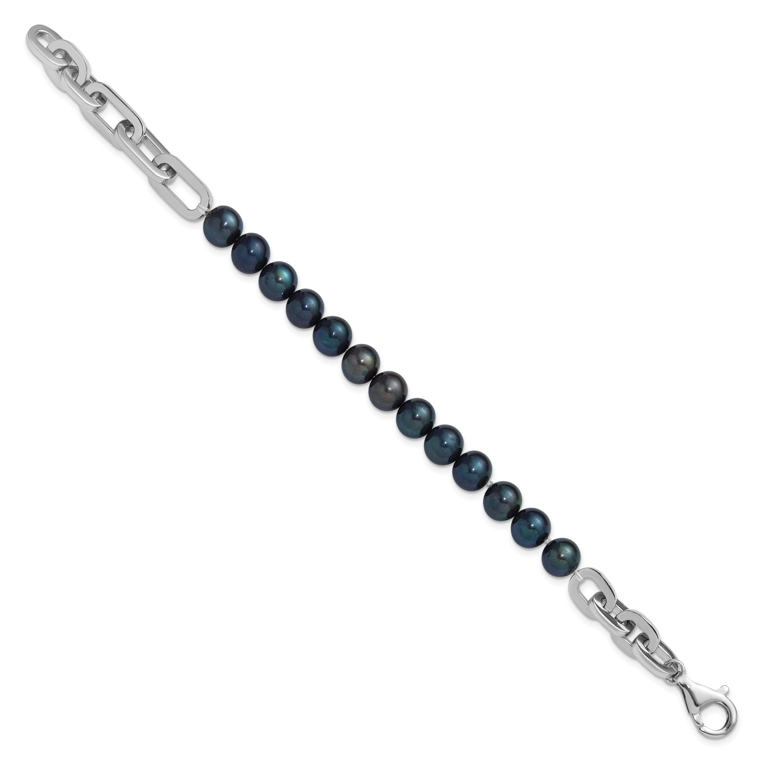 Sterling Silver Rhodium-plated 7-8mm Round Black Freshwater Cultured Pearl and Link 8 inch Bracelet Secondary image