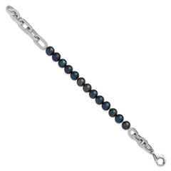 Sterling Silver Rhodium-plated 7-8mm Round Black Freshwater Cultured Pearl and Link 8 inch Bracelet