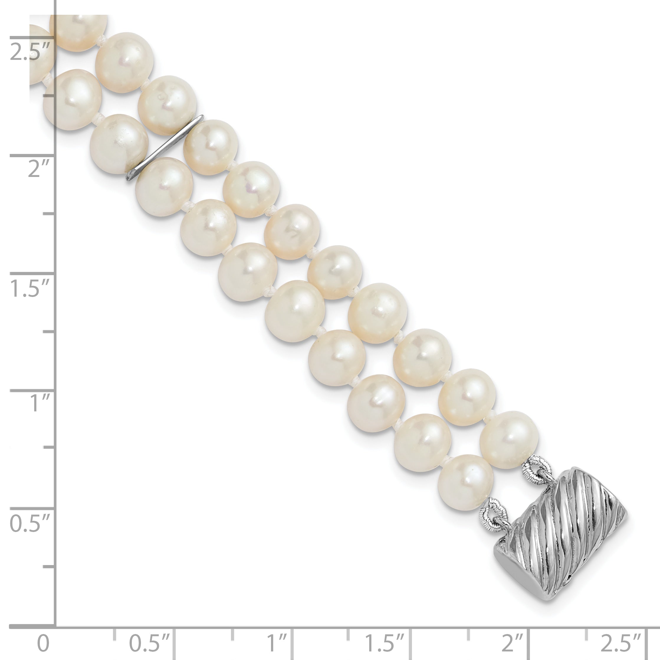 Sterling Silver Rhodium-plated 6-7mm Round White Freshwater Cultured Pearl 2-Strand 7 inch Bracelet
