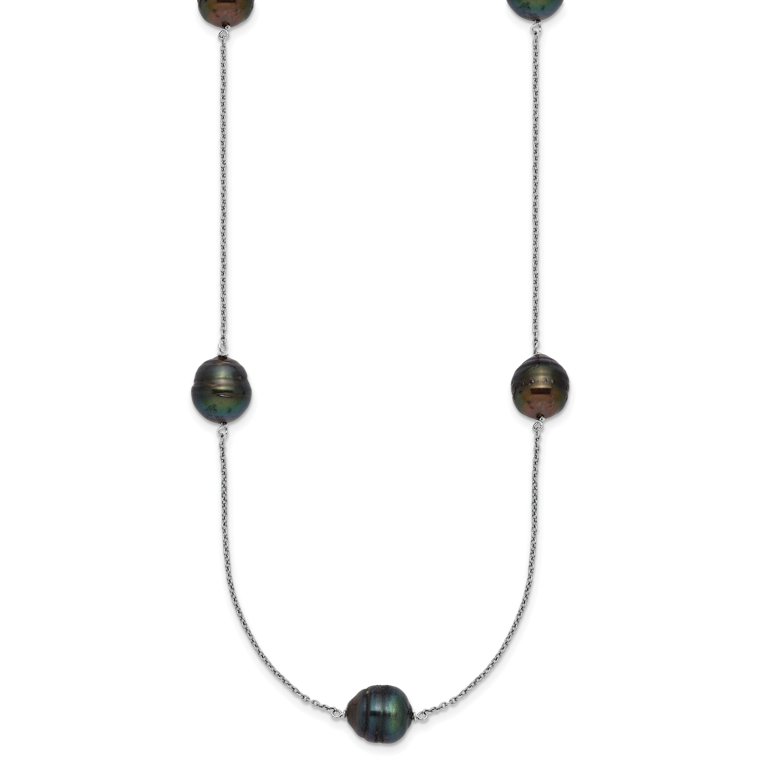 Sterling Silver Rhodium-plated 9-10mm Baroque Black Tahitian Saltwater Cultured Pearl 5-Station 18 inch Necklace