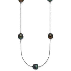 Sterling Silver Rhodium-plated 9-10mm Baroque Black Tahitian Saltwater Cultured Pearl 5-Station 18 inch Necklace