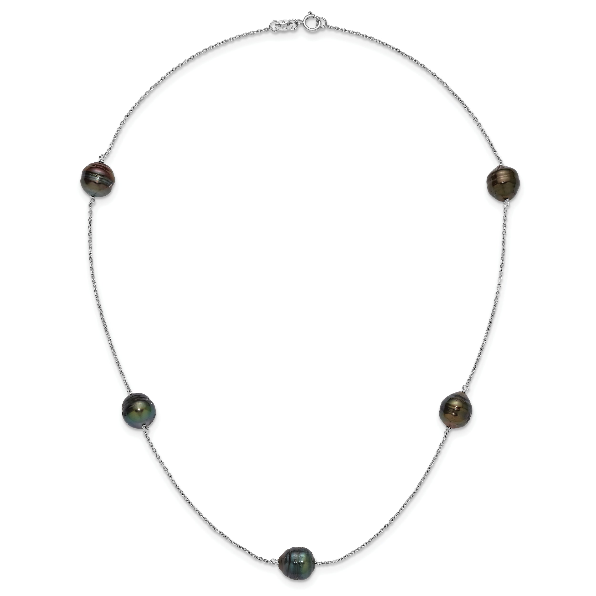 Sterling Silver Rhodium-plated 9-10mm Baroque Black Tahitian Saltwater Cultured Pearl 5-Station 18 inch Necklace