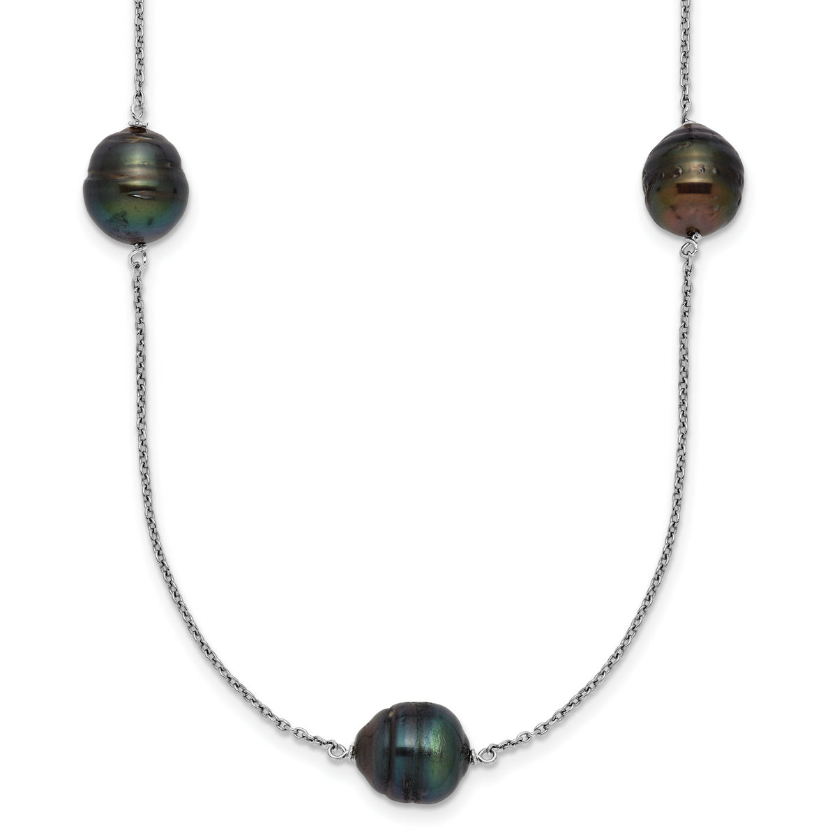 Sterling Silver Rhodium-plated 9-10mm Baroque Black Tahitian Saltwater Cultured Pearl 5-Station 18 inch Necklace