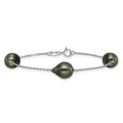 Sterling Silver Rhodium-plated 9-10mm Baroque Black Tahitian Saltwater Cultured Pearl 3-Station 7.5 inch Bracelet