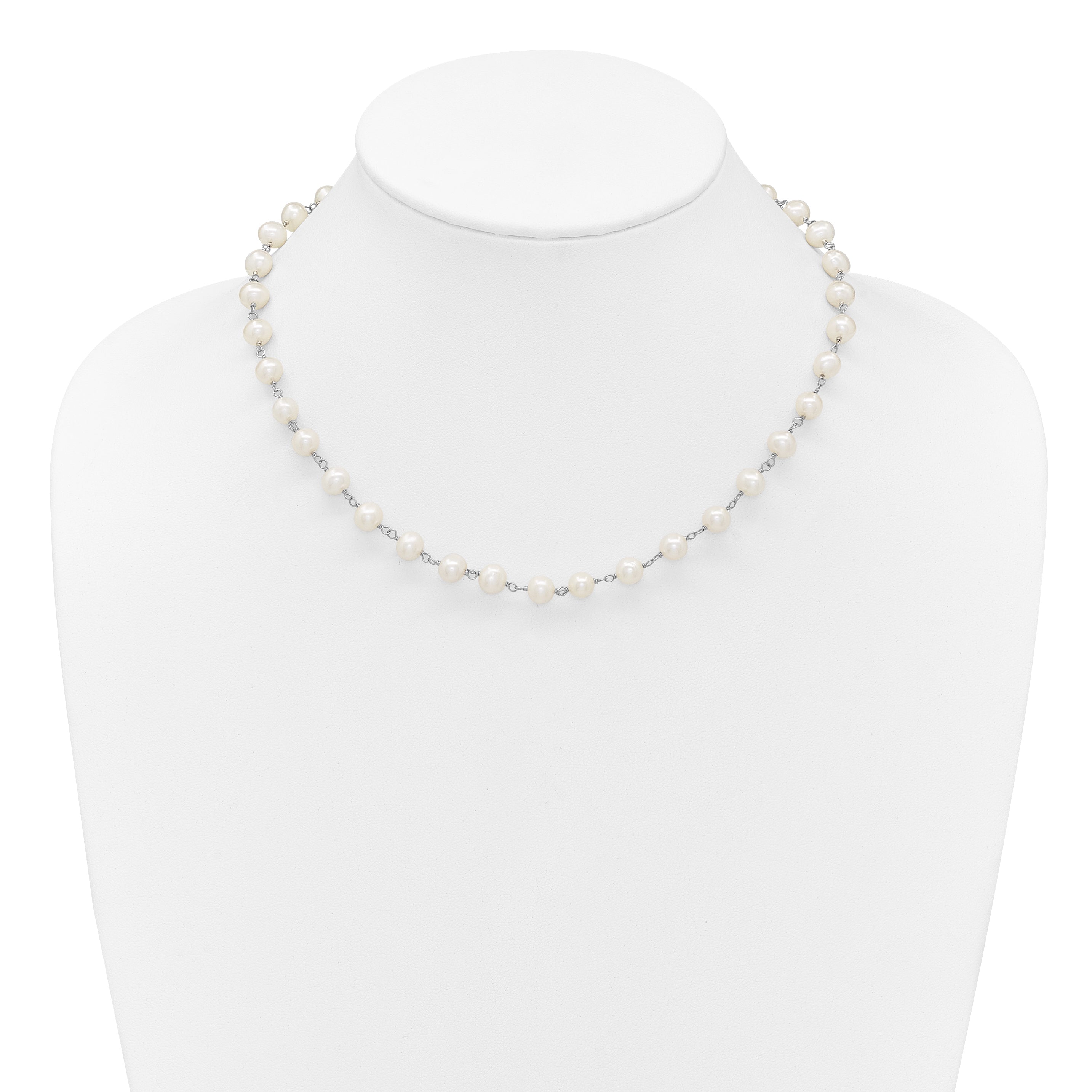 Sterling Silver Rhodium-plated 6-7mm Semi-Round White Freshwater Cultured Pearl 18 inch Necklace/7 inch Bracelet/Button Post Earring Set