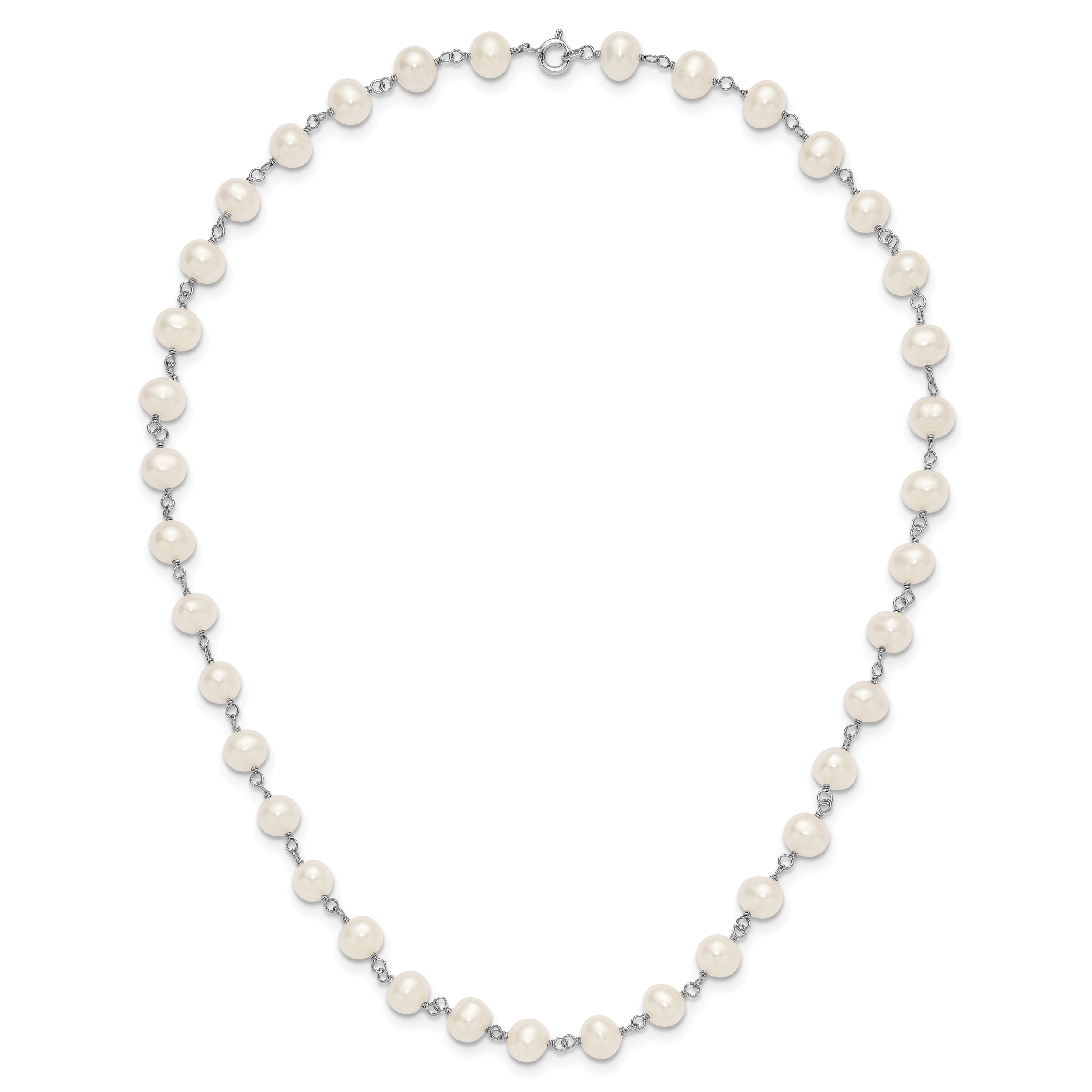 Sterling Silver Rhodium-plated 6-7mm Semi-Round White Freshwater Cultured Pearl 18 inch Necklace/7 inch Bracelet/Button Post Earring Set