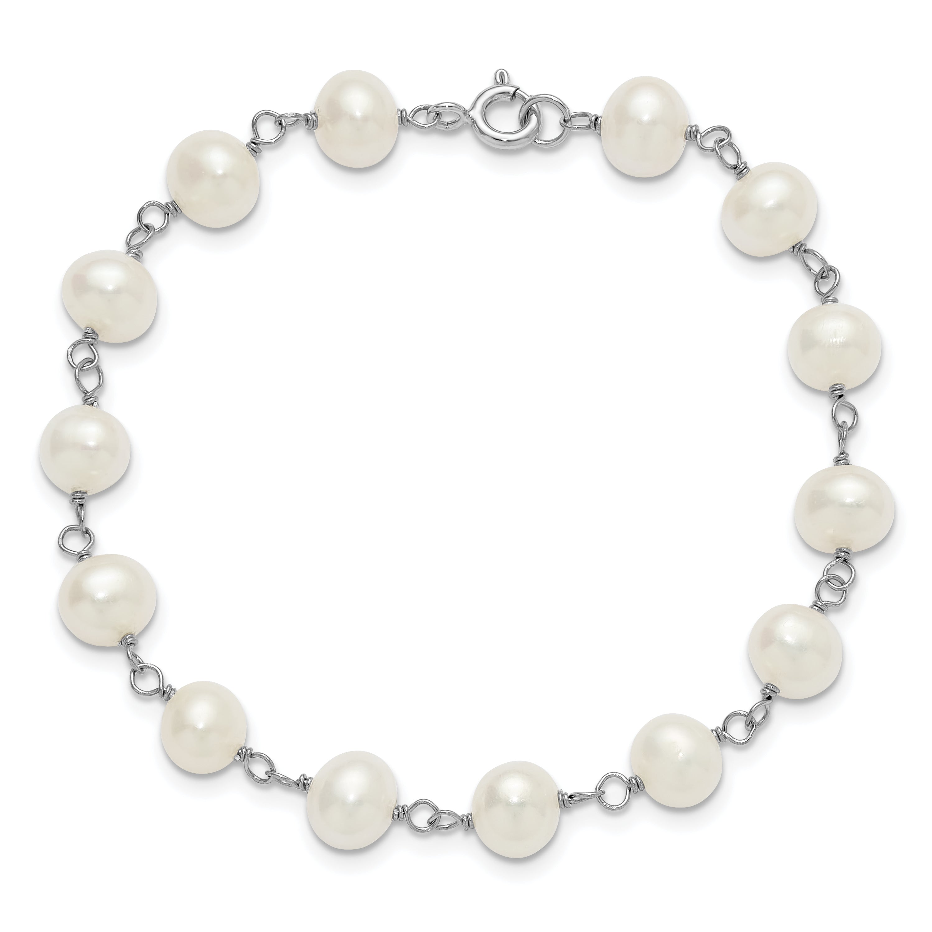 Sterling Silver Rhodium-plated 6-7mm Semi-Round White Freshwater Cultured Pearl 18 inch Necklace/7 inch Bracelet/Button Post Earring Set