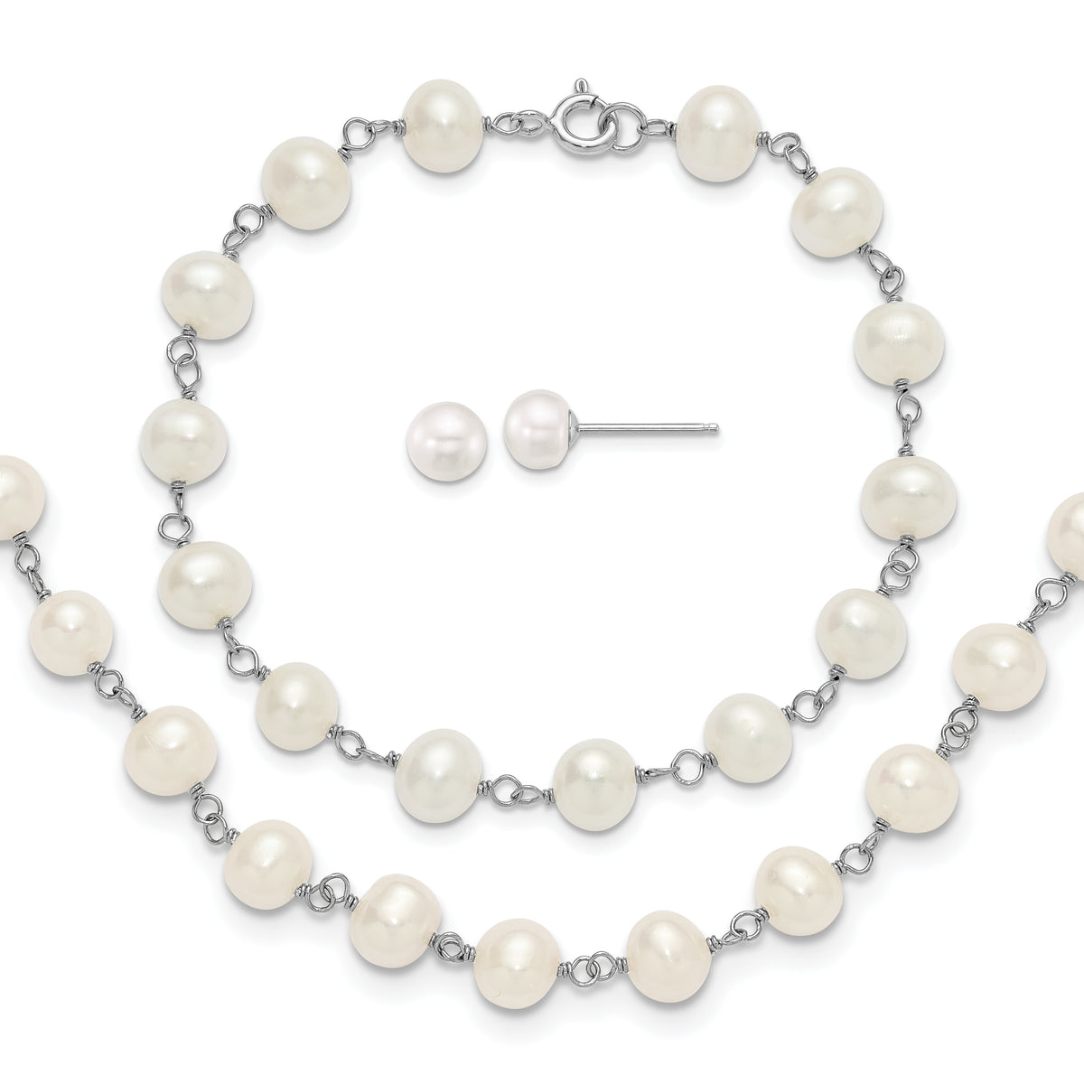 Sterling Silver Rhodium-plated 6-7mm Semi-Round White Freshwater Cultured Pearl 18 inch Necklace/7 inch Bracelet/Button Post Earring Set