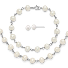 Sterling Silver Rhodium-plated 6-7mm Semi-Round White Freshwater Cultured Pearl 18 inch Necklace/7 inch Bracelet/Button Post Earring Set