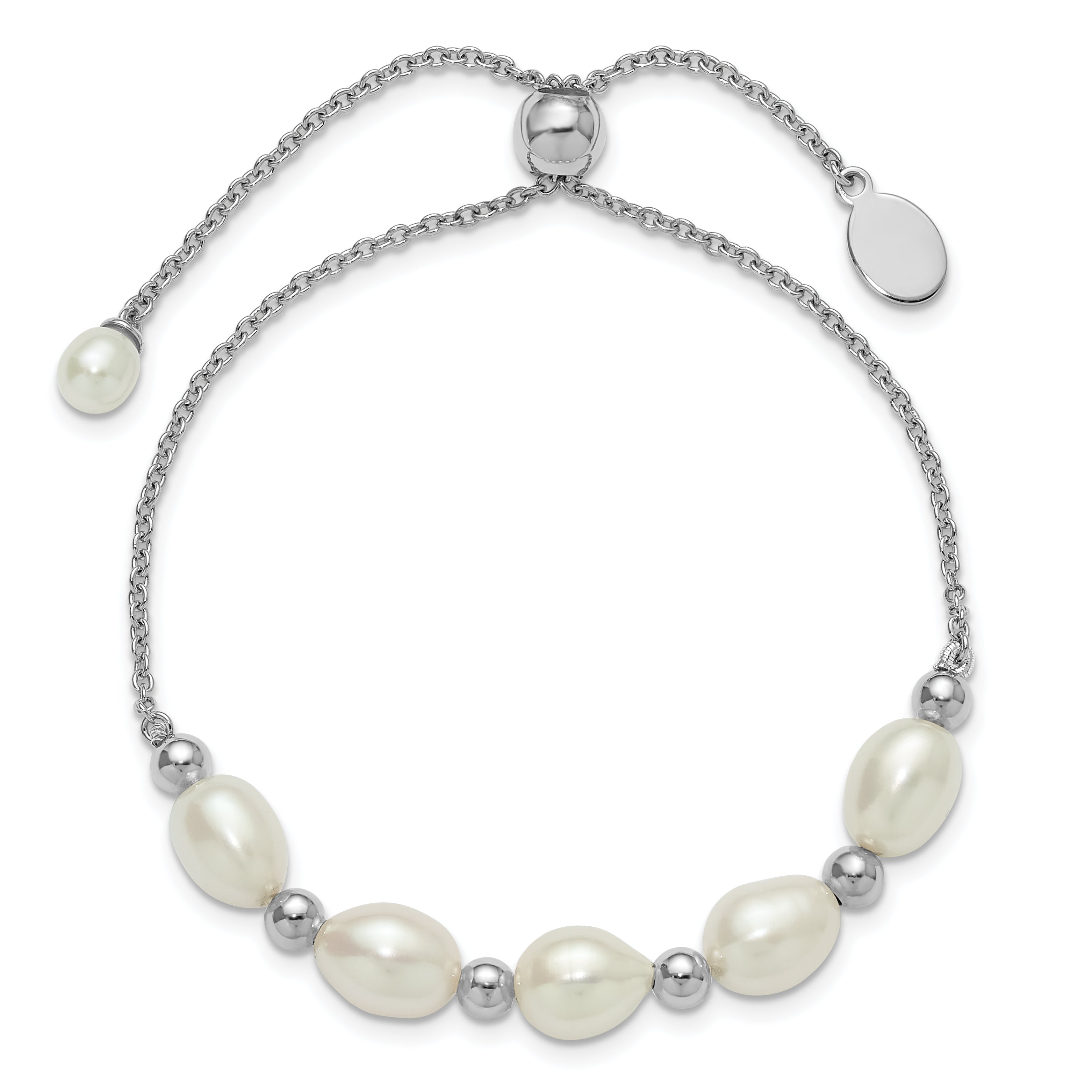 Sterling Silver Rhodium-plated Polished and Beaded 7-8mm Freshwater Cultured Rice Pearl Adjustable Bolo Bracelet