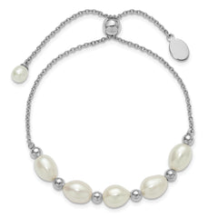 Sterling Silver Rhodium-plated Polished and Beaded 7-8mm Freshwater Cultured Rice Pearl Adjustable Bolo Bracelet