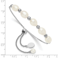 Sterling Silver Rhodium-plated Polished and Beaded 7-8mm Freshwater Cultured Rice Pearl Adjustable Bolo Bracelet