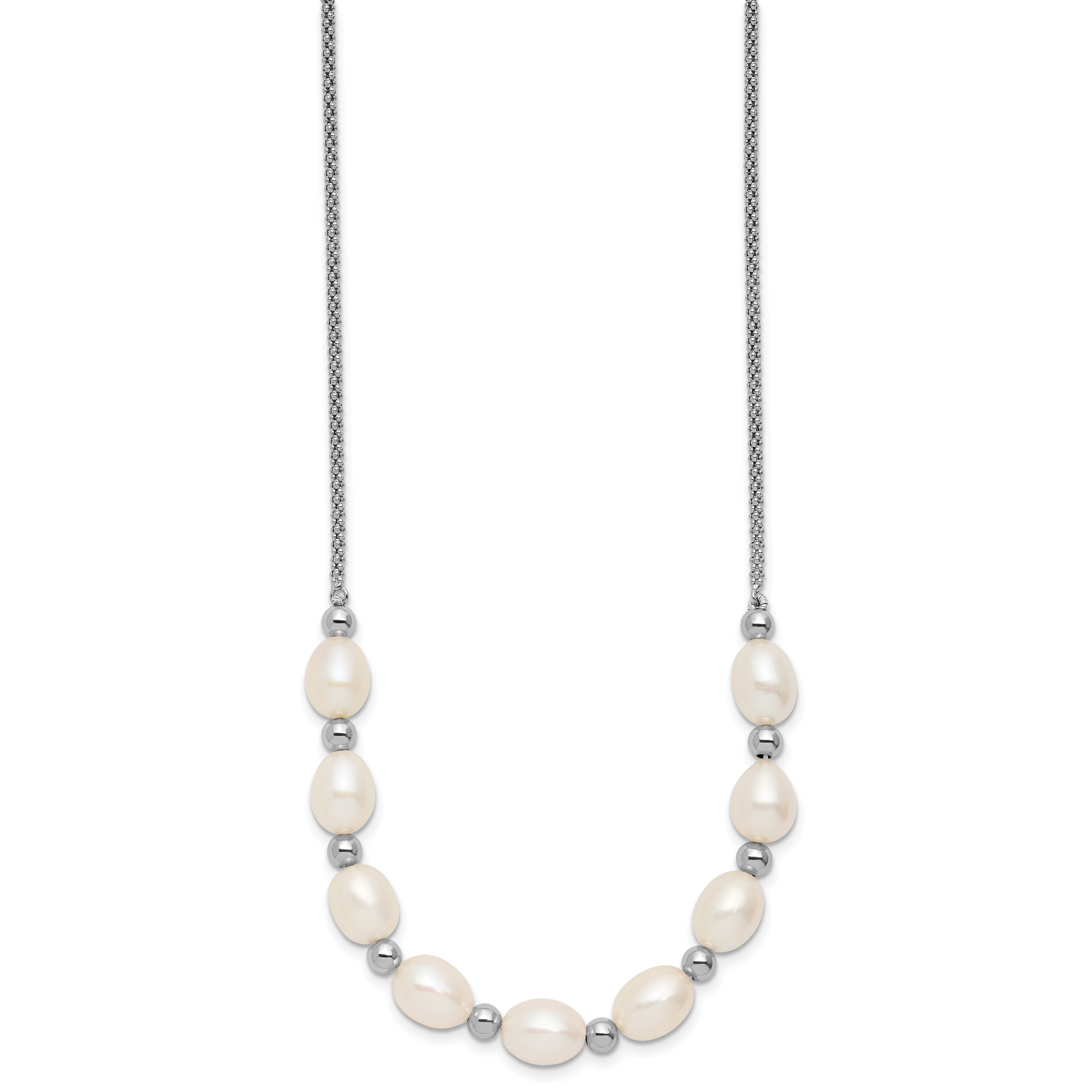 Sterling Silver Rhodium-plated Polished and Beaded 7-8mm Freshwater Cultured Rice Pearl 16 Inch with 2 Inch Extension Necklace