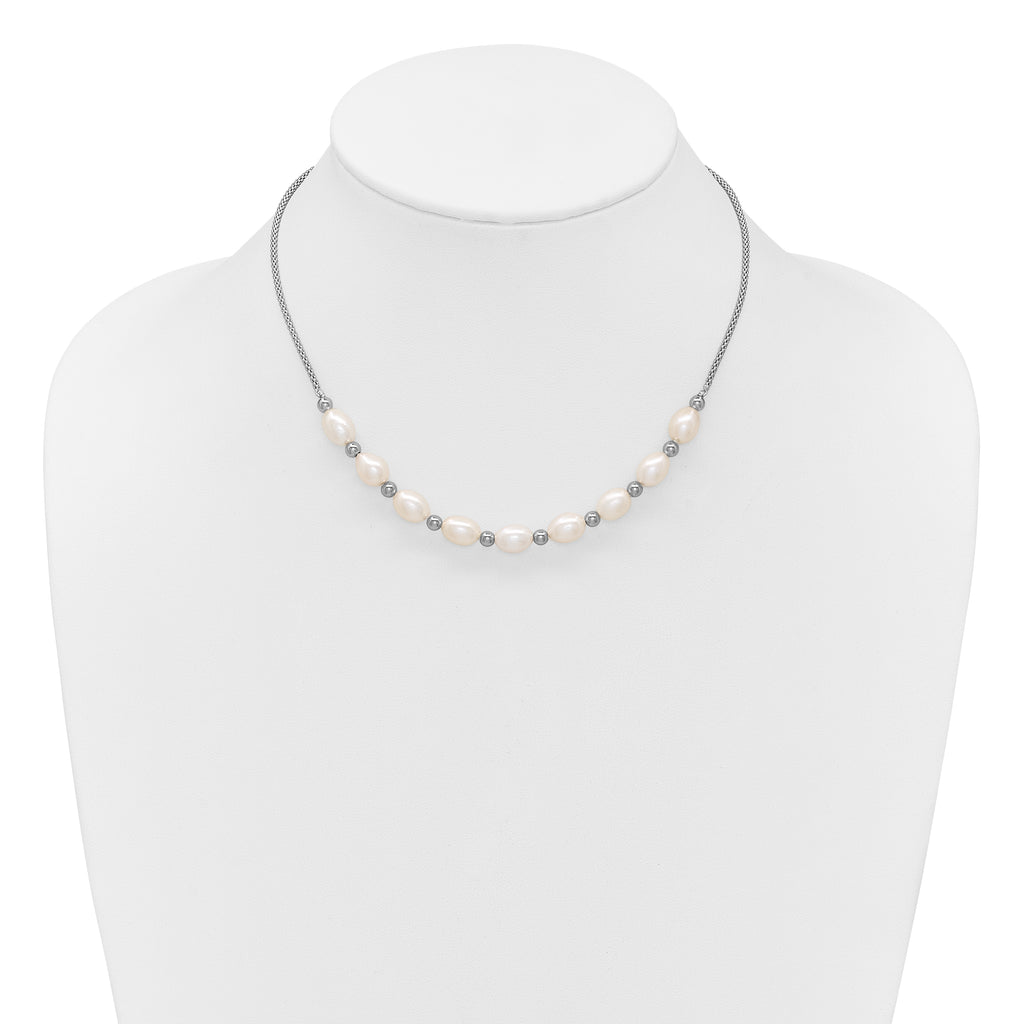 Sterling Silver Rhodium-plated Polished and Beaded 7-8mm Freshwater Cultured Rice Pearl 16 Inch with 2 Inch Extension Necklace