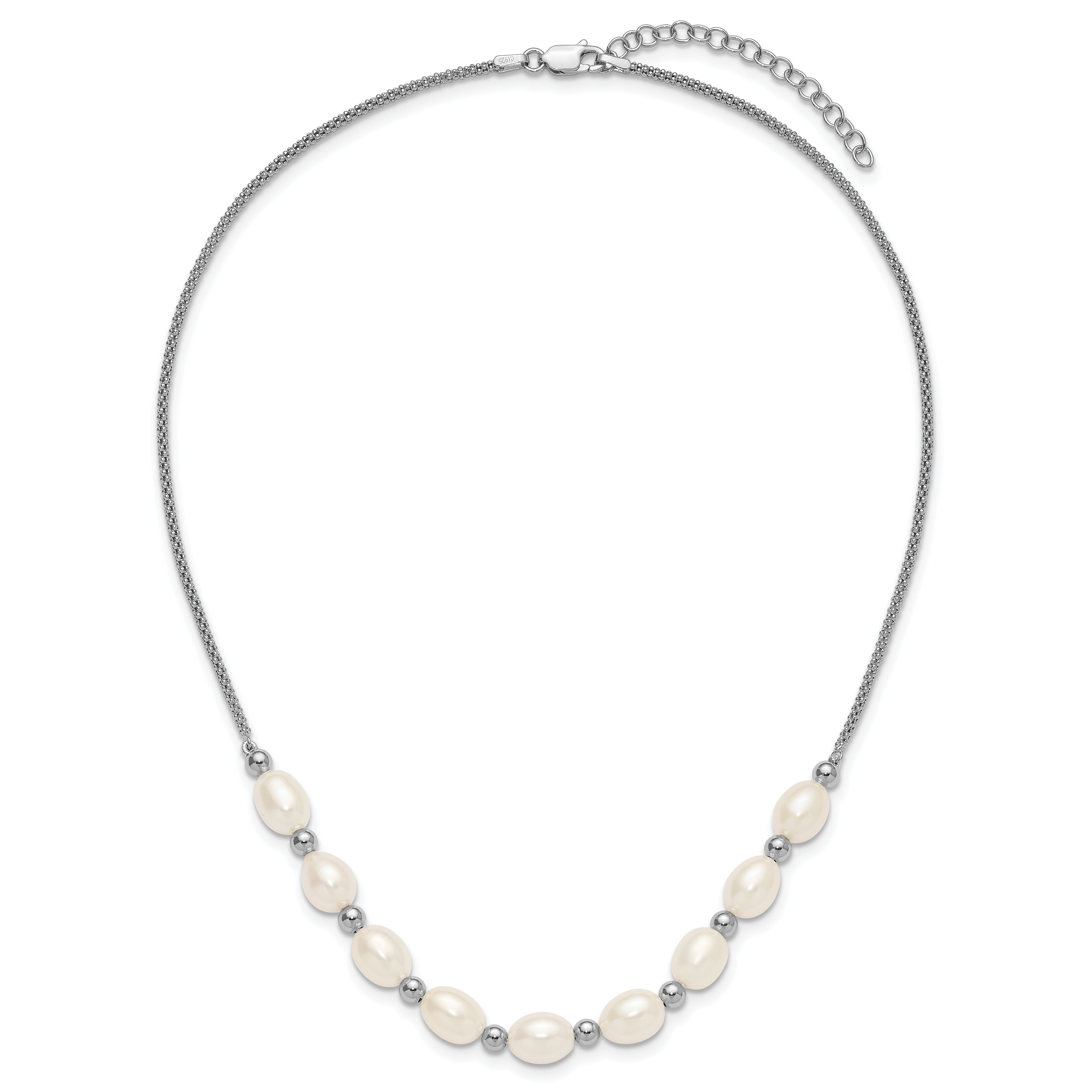 Sterling Silver Rhodium-plated Polished and Beaded 7-8mm Freshwater Cultured Rice Pearl 16 Inch with 2 Inch Extension Necklace