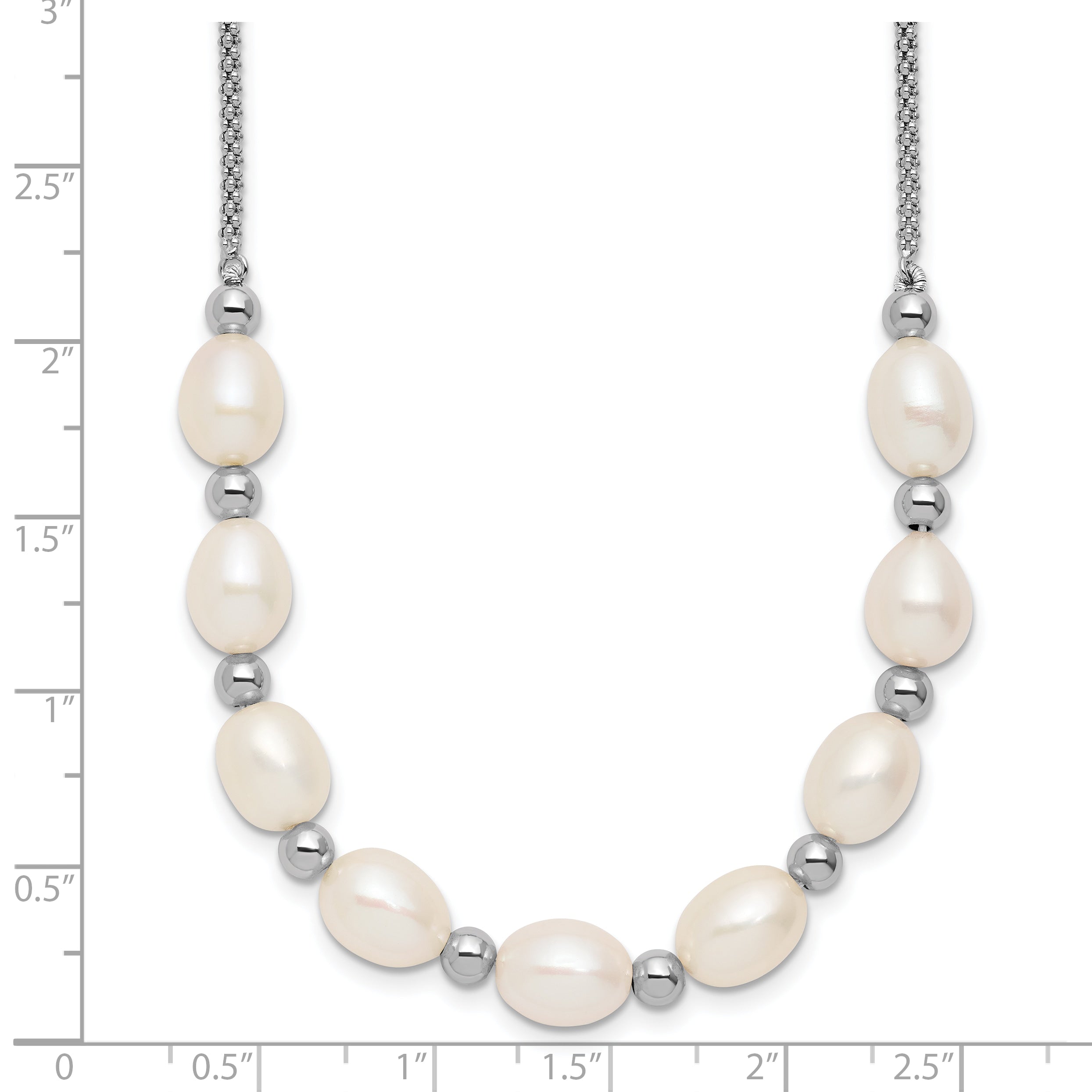 Sterling Silver Rhodium-plated Polished and Beaded 7-8mm Freshwater Cultured Rice Pearl 16 Inch with 2 Inch Extension Necklace