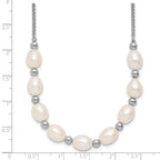 Sterling Silver Rhodium-plated Polished and Beaded 7-8mm Freshwater Cultured Rice Pearl 16 Inch with 2 Inch Extension Necklace