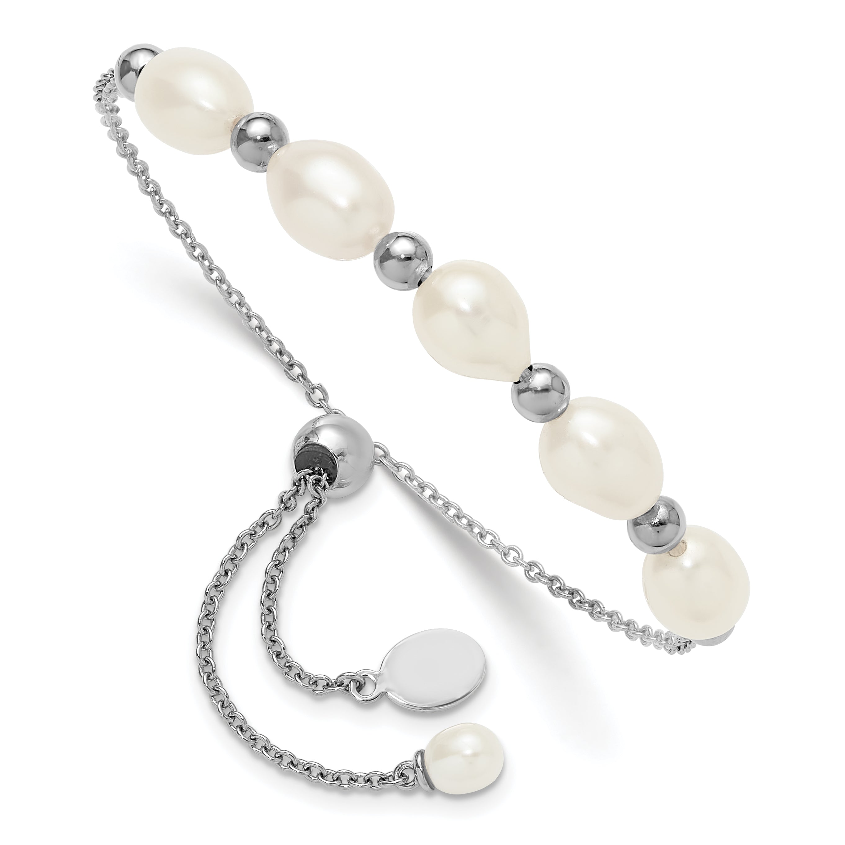 Sterling Silver Rhodium-plated Polished and Beaded 7-8mm Freshwater Cultured Rice Pearl Adjustable Bolo Bracelet