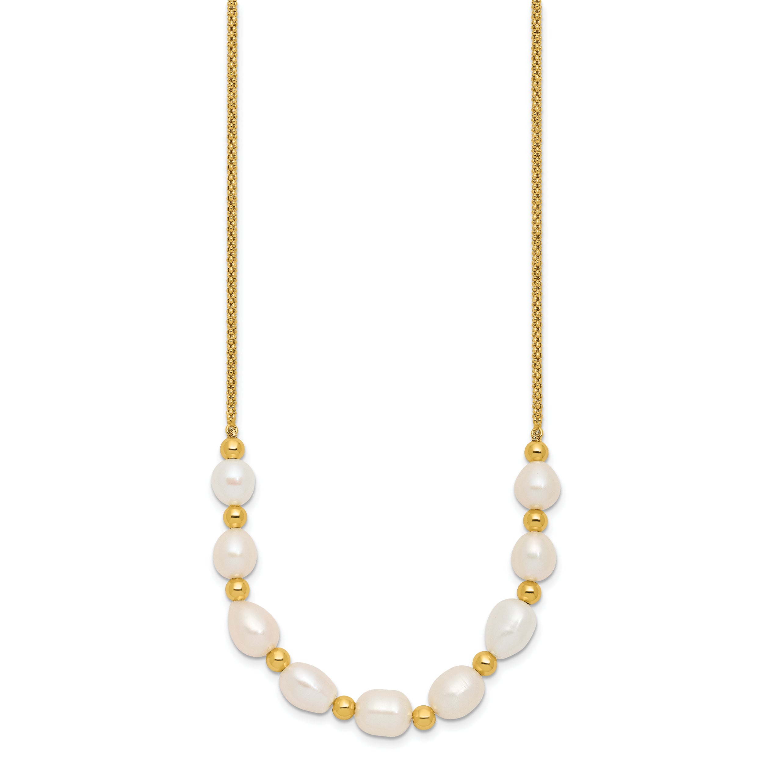 Sterling Silver Gold-tone Polished and Beaded 7-8mm Freshwater Cultured Rice Pearl 16 Inch with 2 Inch Extension Necklace